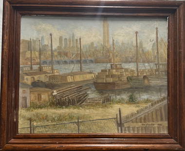 Vintage American WPA Era City Scene Oil Painting Signed: Vintage American WPA Era City Scene Oil Painting Signed, P.F. Schaefer, 1938. New York dock scene, oil on canvas, 16&rdquo; by 20&rdquo;, SLR.