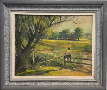 American Impressionist Frances Kratz Schantz, Bucks County Oil Painting: American Impressionist Frances Kratz Schantz, Bucks County, Pennsylvania Oil Painting artist. Titled, “June Morning.&rdquo; Boy sitting on fence by stream. Oil on board, 16&rdquo; by 20&rdquo;. SLL.