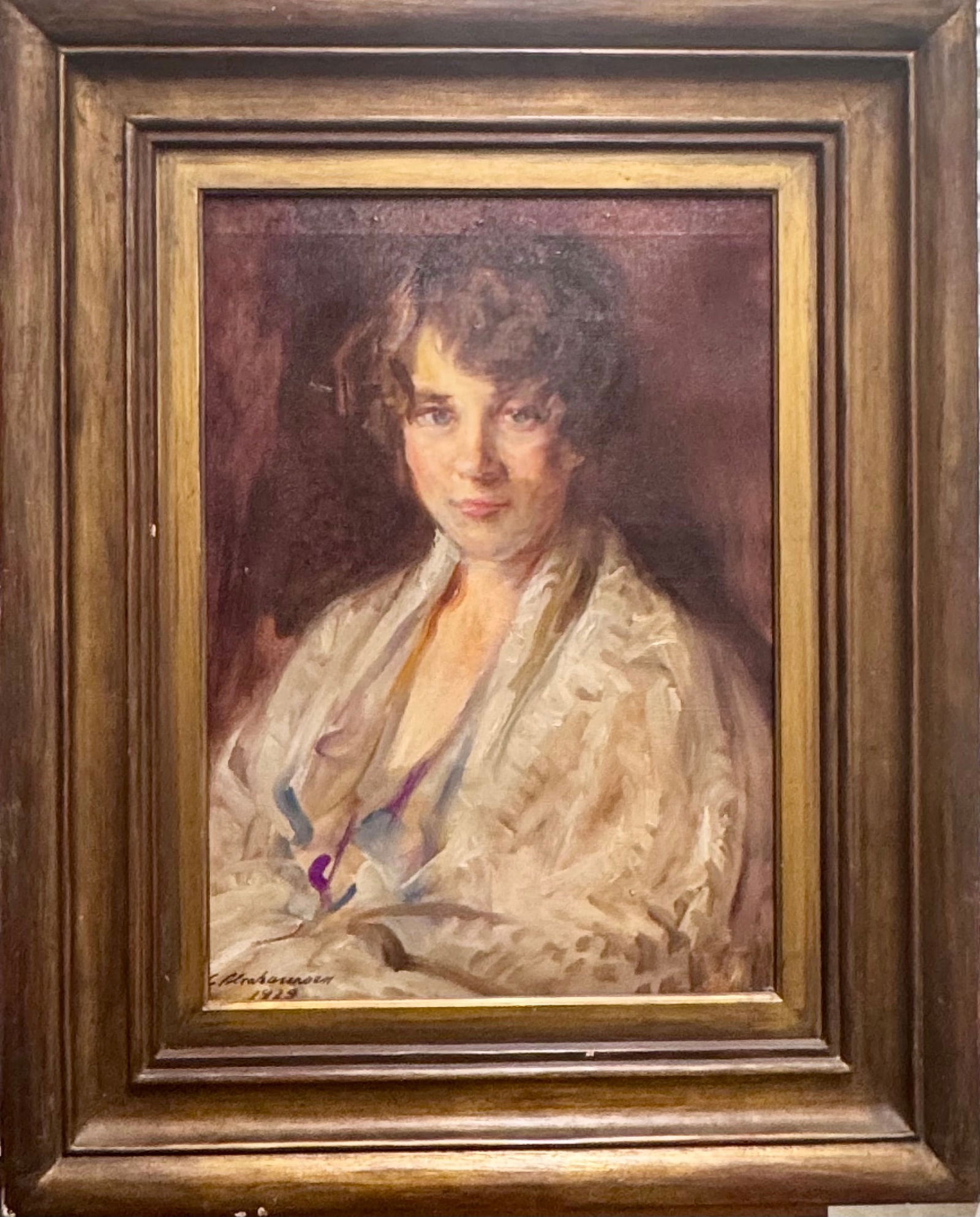 American Impressionist Female Portrait Christian Abrahamsen Illinois Wisconsin Newcomb Macklin: Christian Abrahamsen, Illinois artist, born in Norway. Dated 1929. Portrait of a young girl. Oil on canvas, 22” by 16” SLL. Newcomb Macklin frame, which is 4.5 inches wide. “One of the f