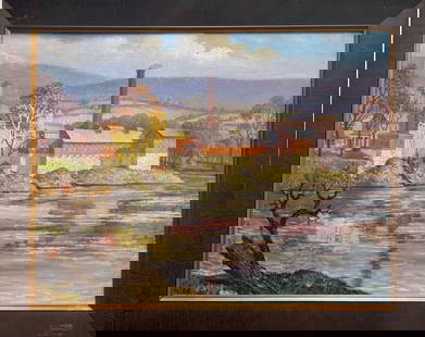 American Polish Impressionist Rudolf Carl Mueller Oil Painting Signed Industrial: American Polish Gerrman Impressionist Rudolf Carl Mueller Oil Painting Signed Industrial, New York. Factory Industrial River landscape, oil canvas, 20&rdquo; by 26&rdquo;. SLC. Rudolf Carl Mueller was