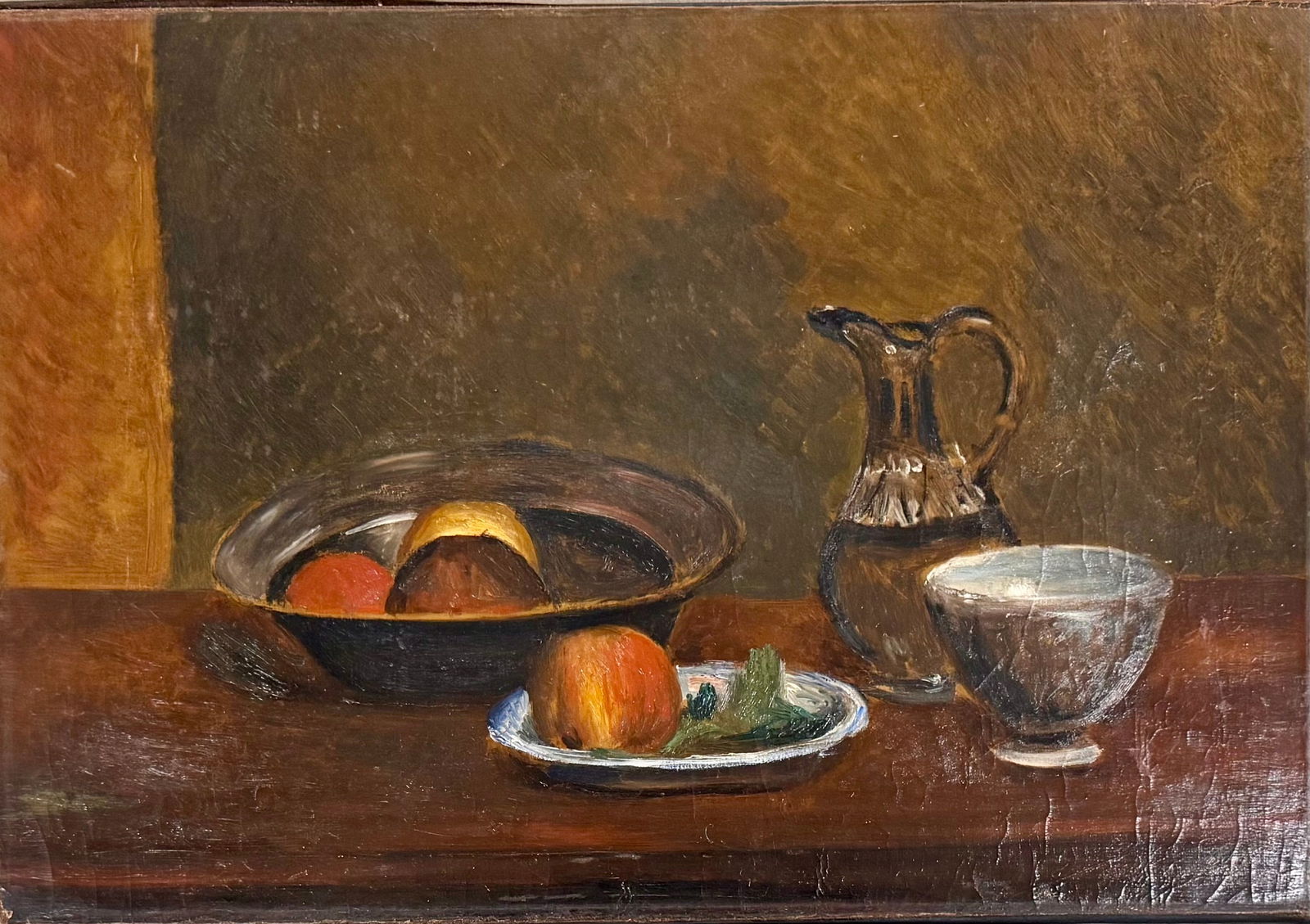 French Post Impressionist Still-Life Andre Derain Oil Painting Signed: French Post Impressionist Still-Life Andre Derain Oil Painting Signed, Still life with fruit and carafe. Oil on canvas laid to another canvas, 16-1/2” by 24”. SLR. Andre Derain was born in