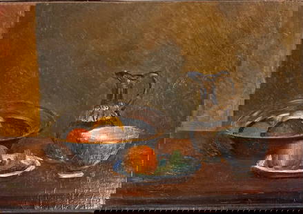 French Post Impressionist Still-Life Andre Derain Oil Painting Signed: French Post Impressionist Still-Life Andre Derain Oil Painting Signed, Still life with fruit and carafe. Oil on canvas laid to another canvas, 16-1/2&rdquo; by 24&rdquo;. SLR. Andre Derain was born in