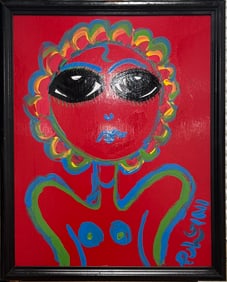 Thomas Pulgini Modernist Pop Art Red Female Nude Oil Painting Signed