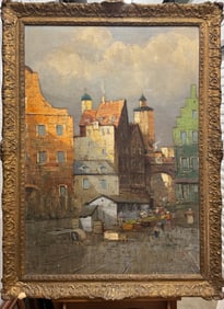 German Impressionist Oil Painting town scene Signed F. Wagner