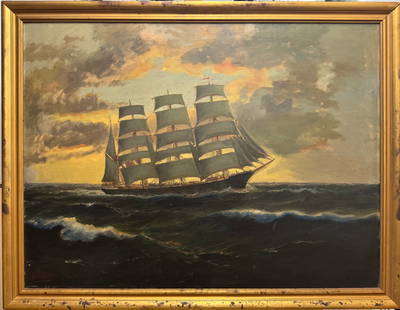 American German Impressionist Seascape Alfred Gabali Signed Oil Painting: American German Impressionist Seascape Alfred Gabali Signed Oil Painting, Massachusetts artist, Three Masted Ship, Oil on canvas, 30 by 40&rdquo;. SLL Born in Cologne, Germany on May 4, 1886, Alfred G