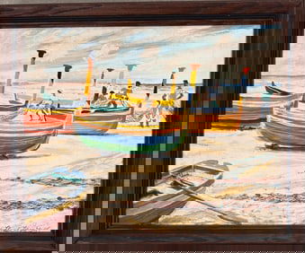 Texas New Mexico Artist Lloyd Lozes Goff Sicilian Boats Oil Painting Signed