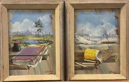 (2) Two Italian Artist Alfano Dardari Surrealist Trompe L’oeil Oil Painting Signed