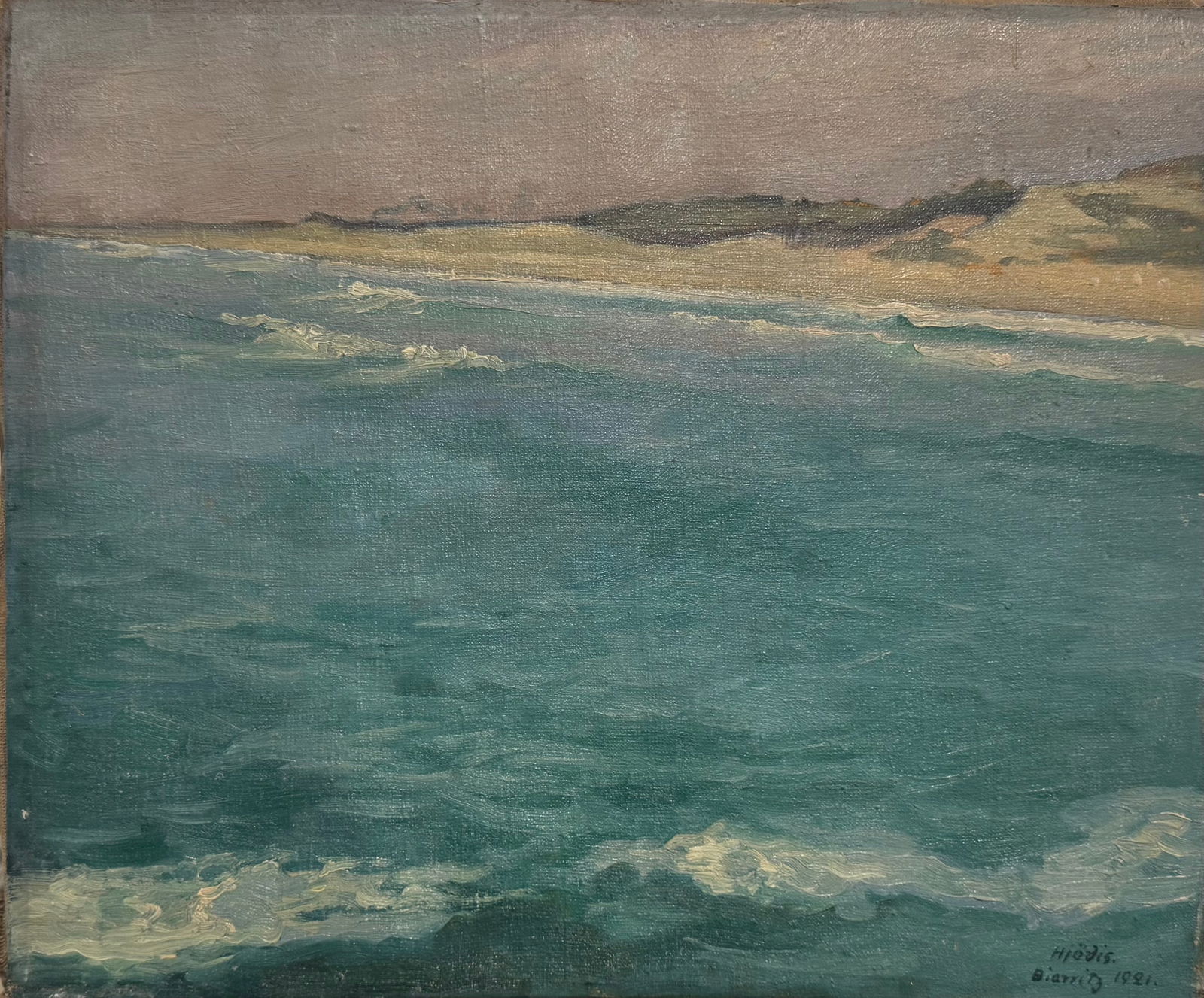 Finland Scandinavia Impressionist Hjordis Nyberg Seascape Biarritz Oil Painting Signed: Finland Scandinavia Impressionist Hjordis Nyberg Seascape Biarritz Oil Painting Signed, Illegible signature, Dated 1921, Oil on canvas, 15” by 18”.