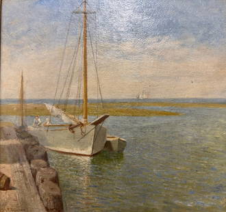 American Bucks County Impressionist John Follinsbee Oil Painting Signed: American Bucks County Impressionist John Follinsbee Oil Painting Signed, (1892-1972) Boat at Dock. Oil on board, 12&rdquo; by 13&rdquo;. SLL. John Fulton "Jack" Folinsbee (March 14, 1892 – May 10, 1