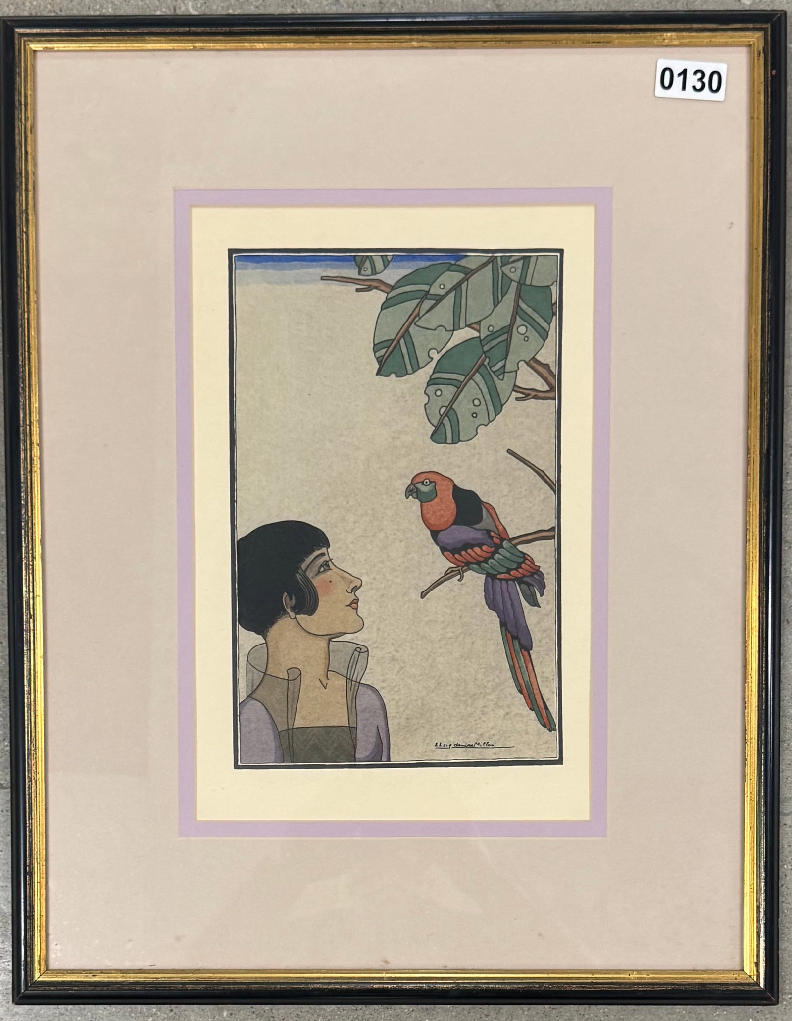 French Art Deco Elsie Denise Millon Watercolor Signed Original: French Art Deco Elsie Denise Millon Watercolor Signed Original, Woman with parrot in tree. C.1930 Watercolor, 11-1/4” by 7-1/4”. SLR