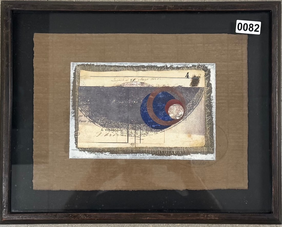 American Artist Italian Collage, Santa Fe New Mexico: American Artist Italian Collage, Santa Fe New Mexico. Abstract. Collage with Italian Writing. Mixed media and collage, 6” by 9”. SLL. Framing label from Santa Fe, New Mexico.