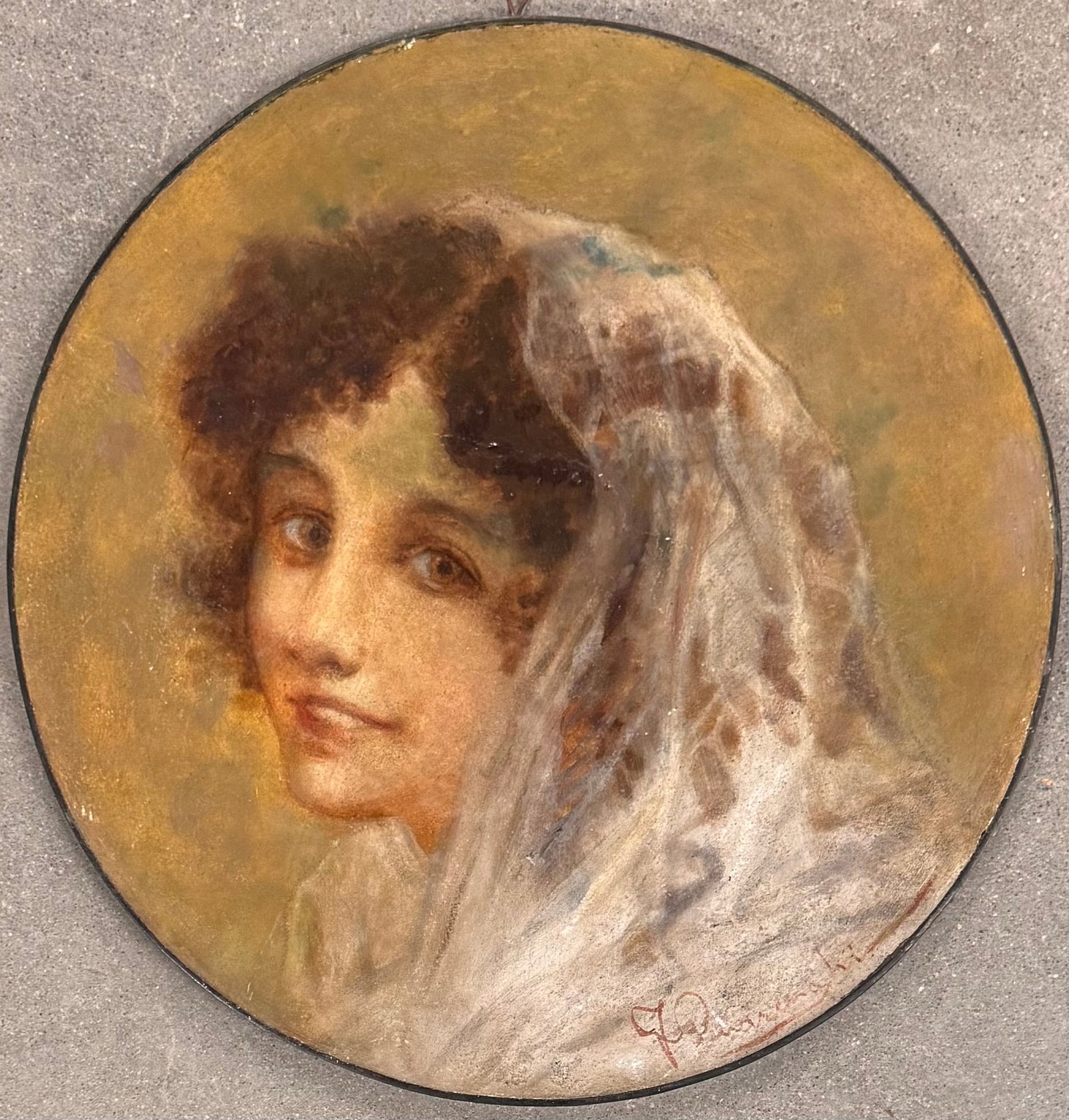 19th Century Italian Artist Illegible signature young Woman on Terracotta: 19th Century Italian Artist Illegible signature young Woman on Terracotta, 16” diameter. SLC.
