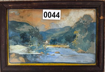 American Artist Maine Landscape Saco RIver Gouache SIgned