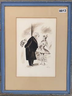 Russian American Artist Constantin Alajalov wash drawing signed: Russian American Artist Constantin Alajalov wash drawing signed, Armenian painter/llustrator. Born in Rostov-on-Don, Russia, immigrated to New York City in 1923, Old man soliciting young woman at stag