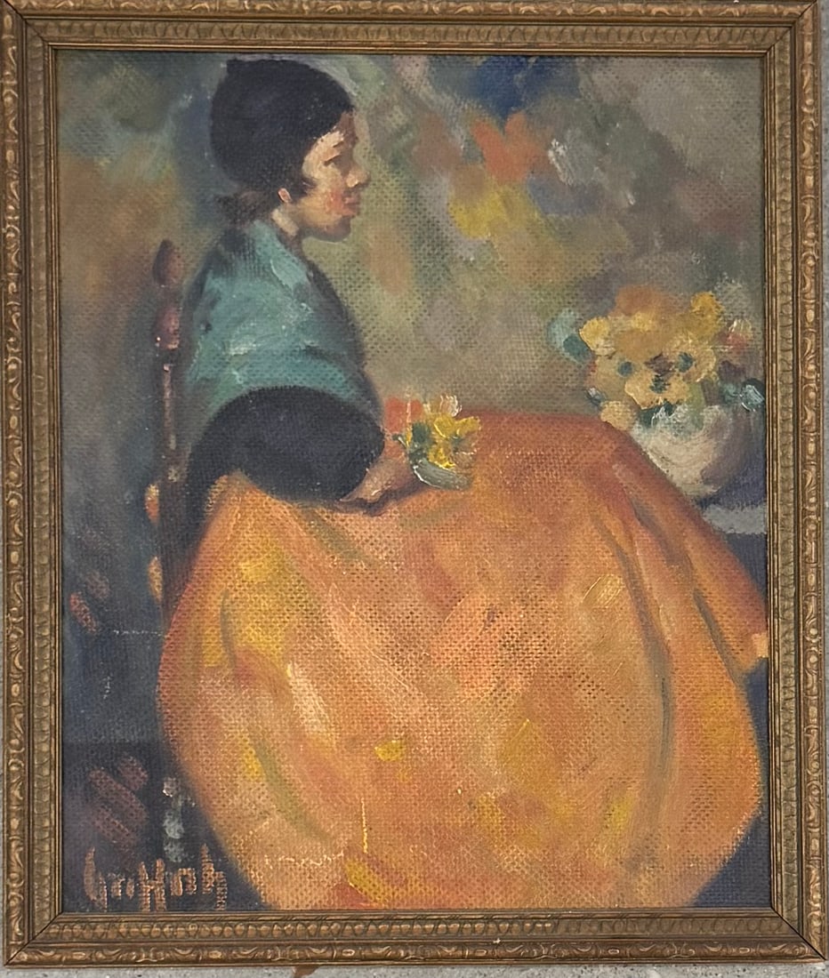 American Impressionist Artist Seated Woman Oil Painting Signed Griffin: American Impressionist Artist Seated Woman Oil Painting Signed, Griffith, Impressionist Seated Woman with orange skirt, Oil on masonite, 12” by 10”. SLL