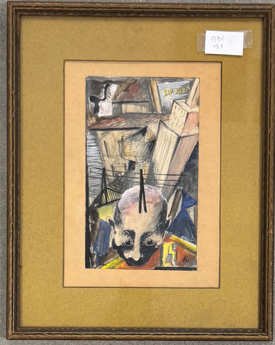 American Artist Wartime Modern Abstract Signed Watercolor: American Artist Wartime Modern Abstract Signed Watercolor, Modernist abstract man’s head and city buildings. Dated 1943. 8-38” by 4-7/8”. Initialed LR.