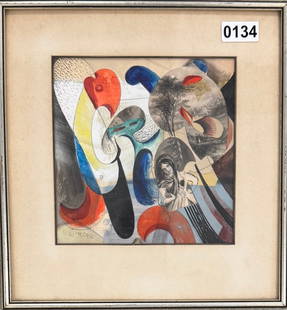 Irish Artist Abstract Surrealist Signed: Irish Artist Abstract Surrealist Signed, “Irish Jig Ballyshannon.&rdquo; Dated 1952. Mixed media collage, 7-1/2&rdquo; by 7-1/2&rdquo;. Monogrammed LL. Ballyshannon is Ireland’s oldest town.