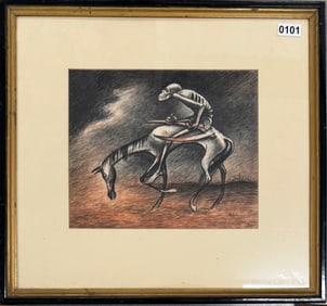 Mexican school Death with Scythe on Horse Drawing Signed Mystery