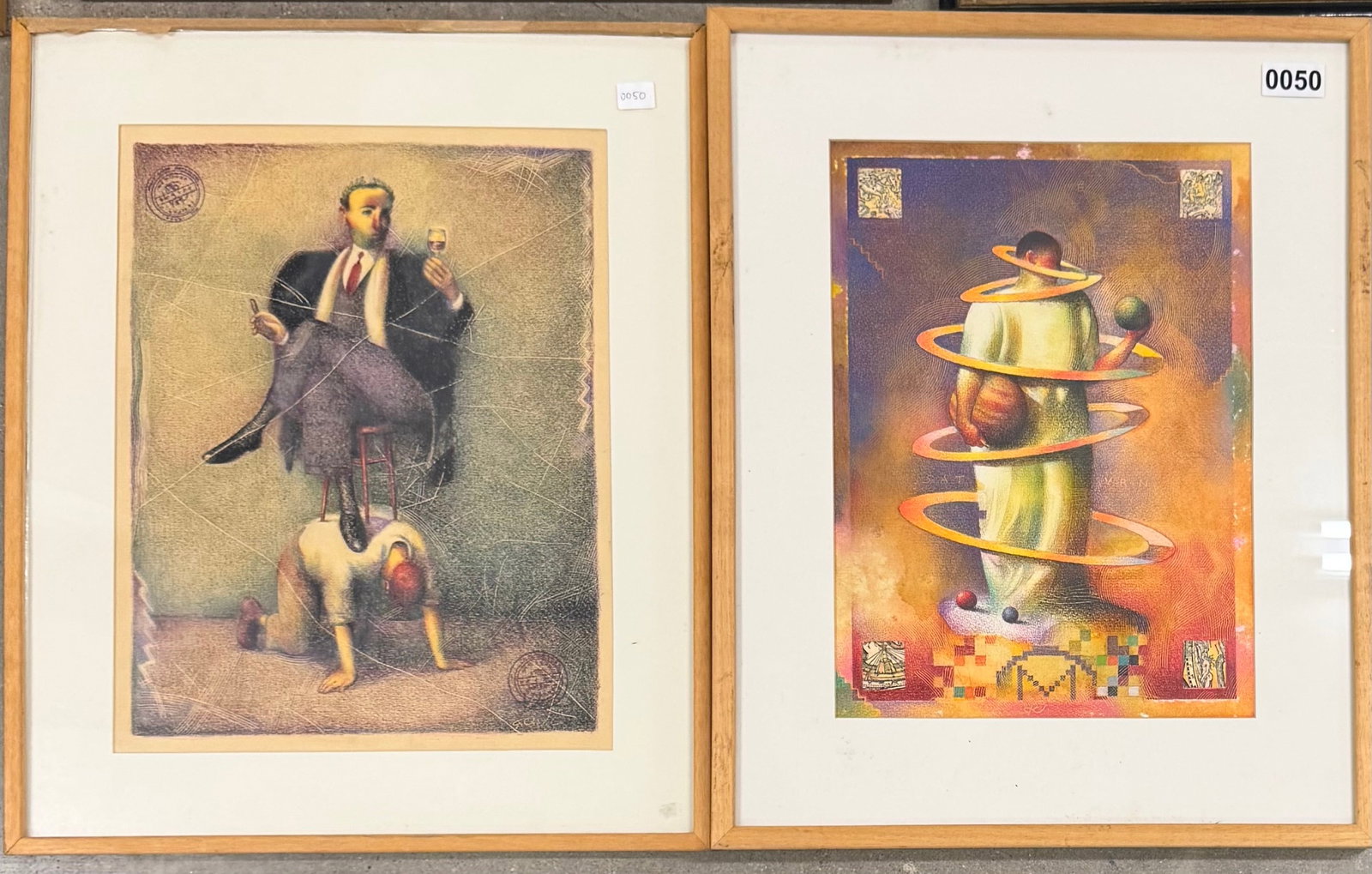 (2) Two American Artist Illustrator Raul Colon Surrealist Signed: (2) Two American Artist Illustrator Raul Colon Surrealist Signed: Saturn and Man Drinking Wine. Mixed media, each are 13-3/4” by 10”. Colon was represented by the Weber Group in New York C