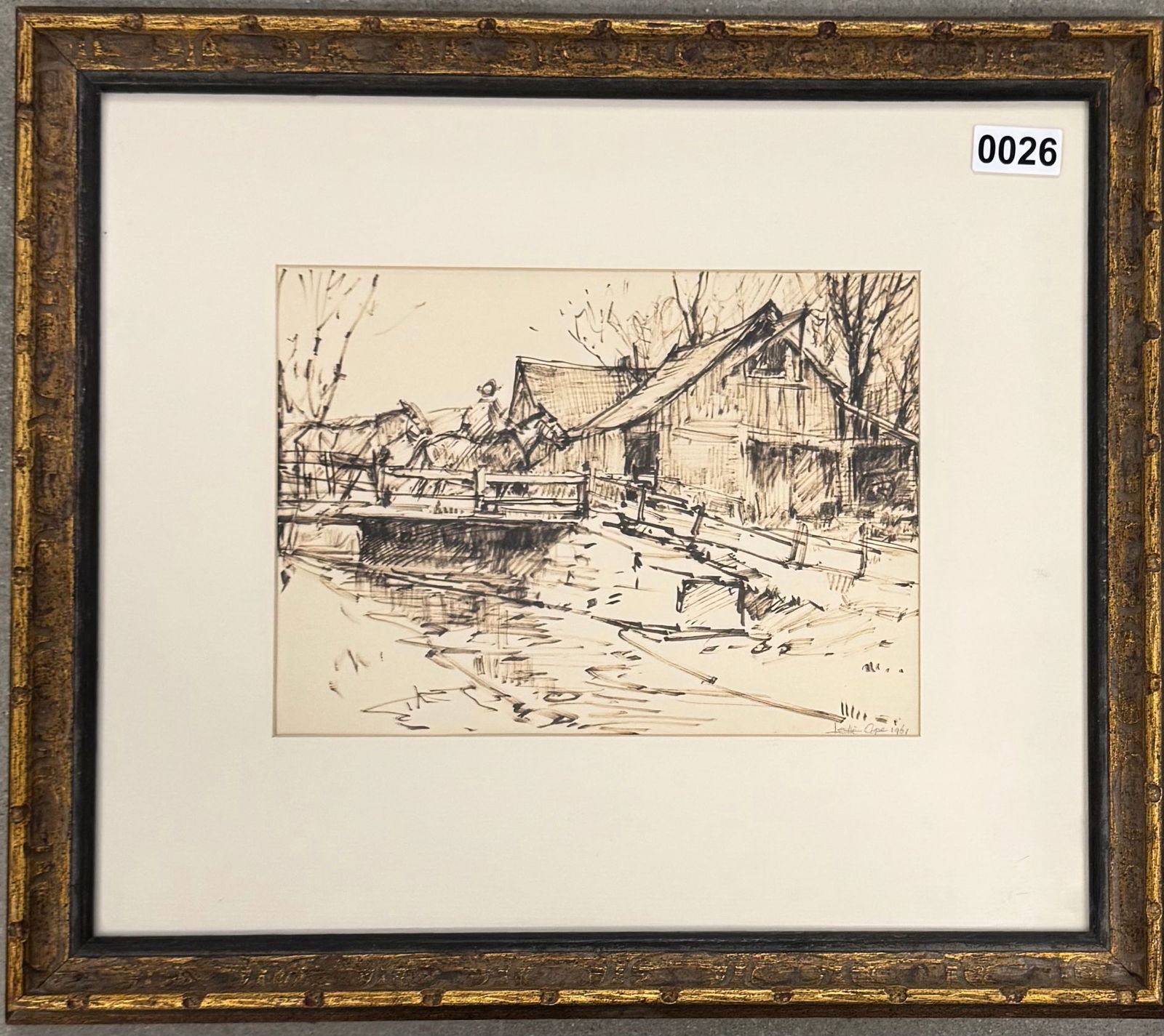 American Ohio Artist Leslie Cope Drawing Signed: American Ohio Artist Leslie Cope Drawing Signed, Horses crossing the bridge. Dated 1961. Pen and Ink, 8” by 11”. SLR Leslie Cope, painter, printmaker, and designer, was born in Stoke-on-Tr