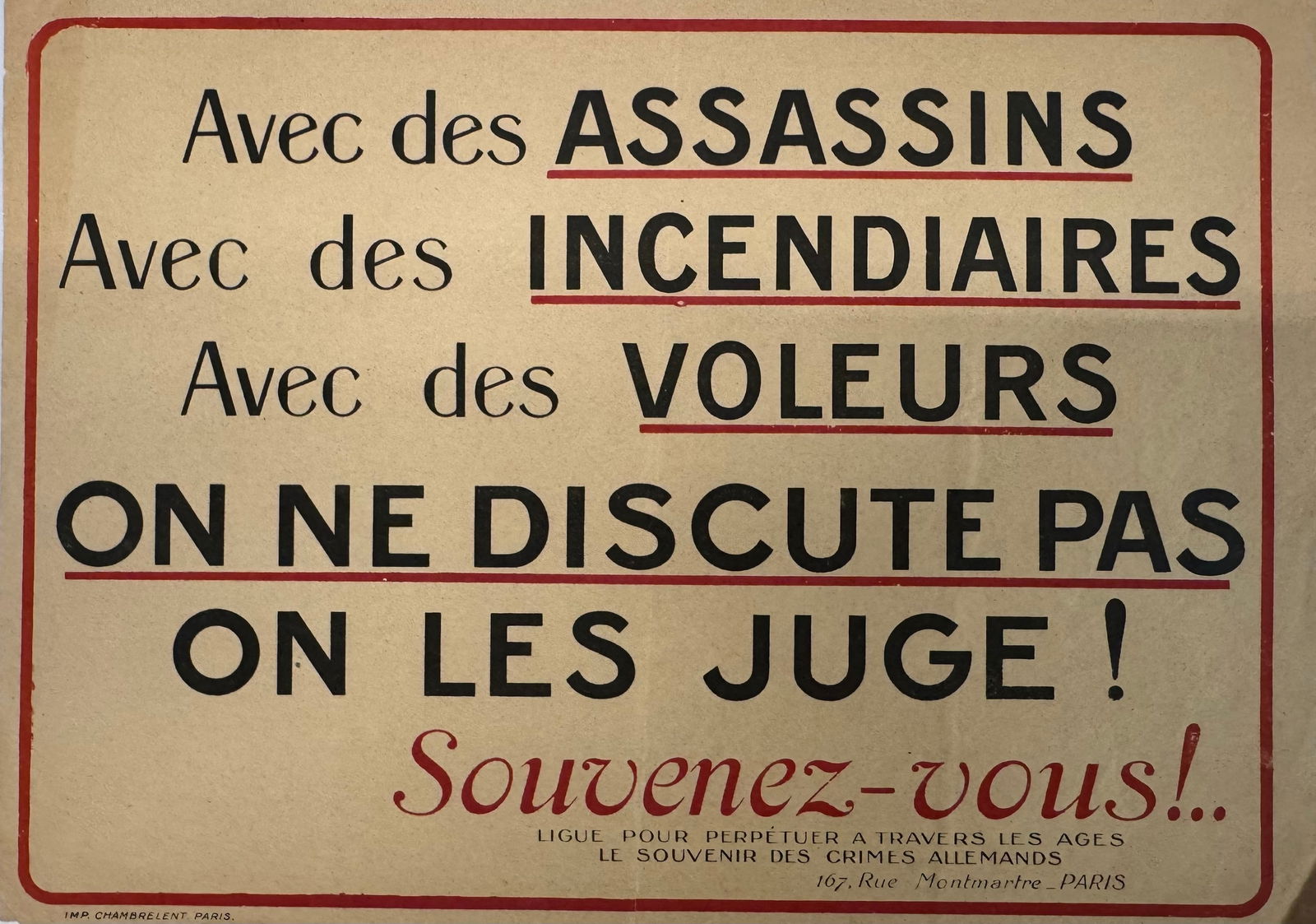 WWI French Poster German Crimes “With Assassins Arson Thieves (1 of 3)