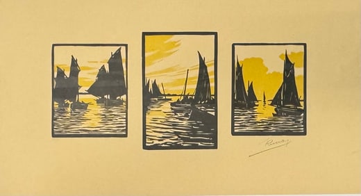 French Artist Arts and Crafts, Boats in Harbor Triptych Signed