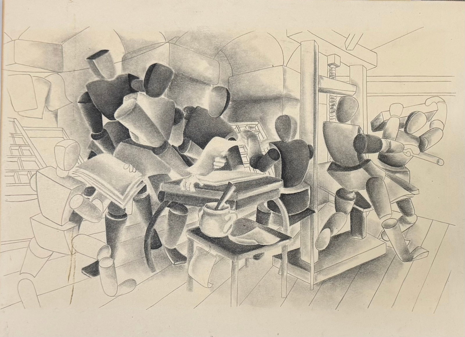 German Bauhaus Artist Friedl Dicker-Brandeis Surrealist Modern Charcoal Signed: German Bauhaus Artist Friedl Dicker-Brandeis Surrealist Modern Charcoal Signed, Cubist Printing Crew, Charcoal on board, 12” by 16”. Inscribed on the back Friedl Dicker-Brandeis? Frederika
