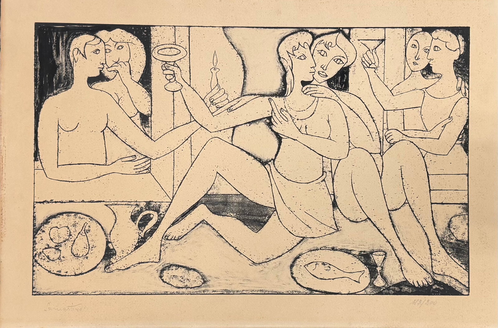 Italian Artist Edoardo Samartino Modern Colored Lithograph SIgned: Italian Artist Edoardo Samartino Modern Colored Lithograph SIgned, “Bacchanal” or “Couples at a Banquet” Edition 183/200. Lithograph, 12” by 19-3/8” sight, 14-1/2” by