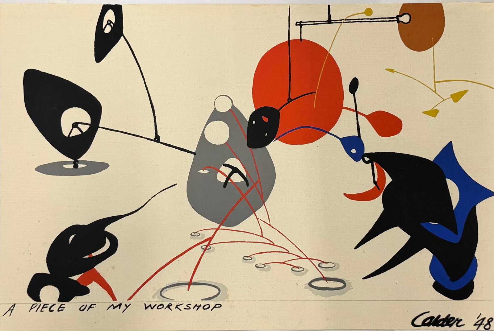 American Artist After Alexander Calder, A Piece of My Workshop, 1948: After Alexander Calder (1898-1976) “A Piece of My Workshop” 1948. Edition of 200. Color sillkscreen on fabric, 10” by 15-1/4”. From Mural Scrolls: Calder, Matisse, Matta, Miro, pub
