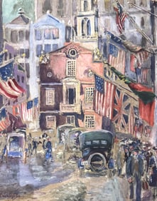 American Artist  “Armistice Day at the State House, Boston??. 1918 Gouache Signed