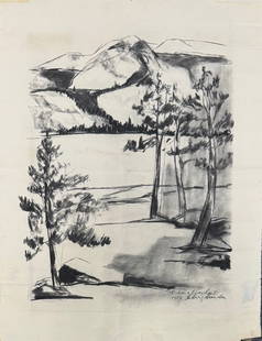 American Artist Modern Ludwig Sander To Richard Eberhart Charcoal Signed: Ludwig Sander (American 1906-1975) Mountain Lake. 1953. Charcoal 19&rdquo; by 15-1/4&rdquo;. Dedicated to the poet Richard Eberhart (1904-2005) A native of New York City and the son of a professional