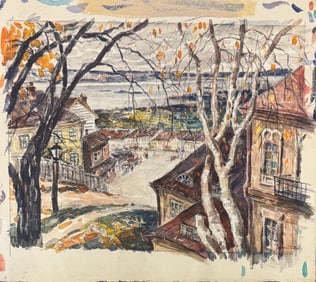 American Artist Looking towards the Hudson New York Watercolor Signed