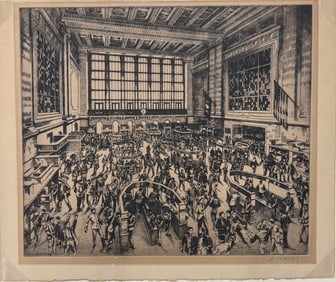 American Hungary Artist Andrew Karoly New York Stock Exchange Etching Signed