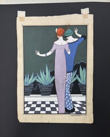 French Artist Art Deco Elsie Denise Millon Original Fashion Gouache Signed