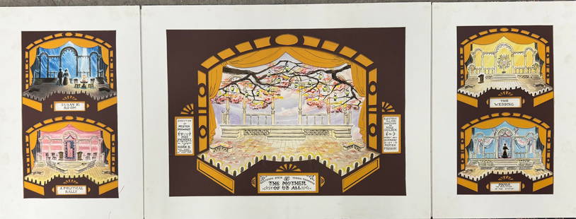 American Artist Illustration William Fregosi Original Watercolor Triptych Signed: American Artist Illustration William Fregosi Original Watercolor Triptych Signed, Stage Design for “The Mother of Us All,&rdquo; C.1976 Pen, Ink, & Watercolor, 48&rdquo; overall.