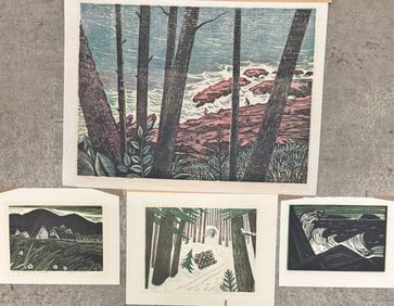 (4) Four woodblocks by Irish Maine Artist Willian A. Shevis Signed