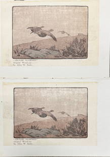British Artist Allen W. Seaby Waterfowl Original Woodcuts: British Artist Allen W. Seaby Waterfowl Original Woodcuts Two matching woodcuts by Allen W. Seaby (British 1867-1953) “Grouse Alarmed&rdquo;, 6&rdquo; by 9&rdquo;. Stamped Lower Left. A very early w