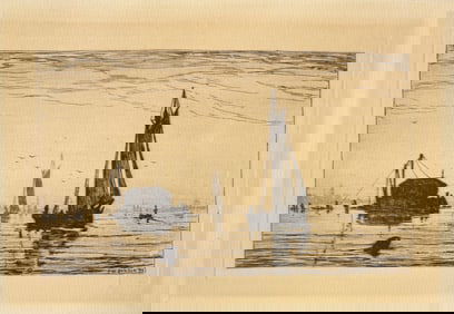 American Artist Boston Frank W. Benson “Salem Harbor?? Etching