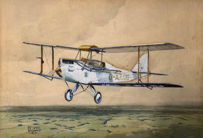 English Artist Stanley Orton Bradshaw Watercolor Biplane Signed