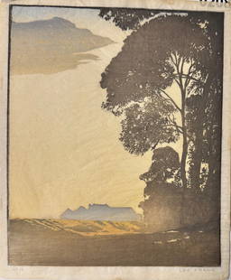 British Artist Leo Frank Arts and Crafts Color Woodblock Signed: British Artist Leo Frank Arts and Crafts Color Woodblock Signed, Sunset Landscape with trees. Number 12. Color Woodblock on rice paper, 10-7/8&rdquo; by 9&rdquo; sight, and 12&rdquo; by 10&rdquo; over