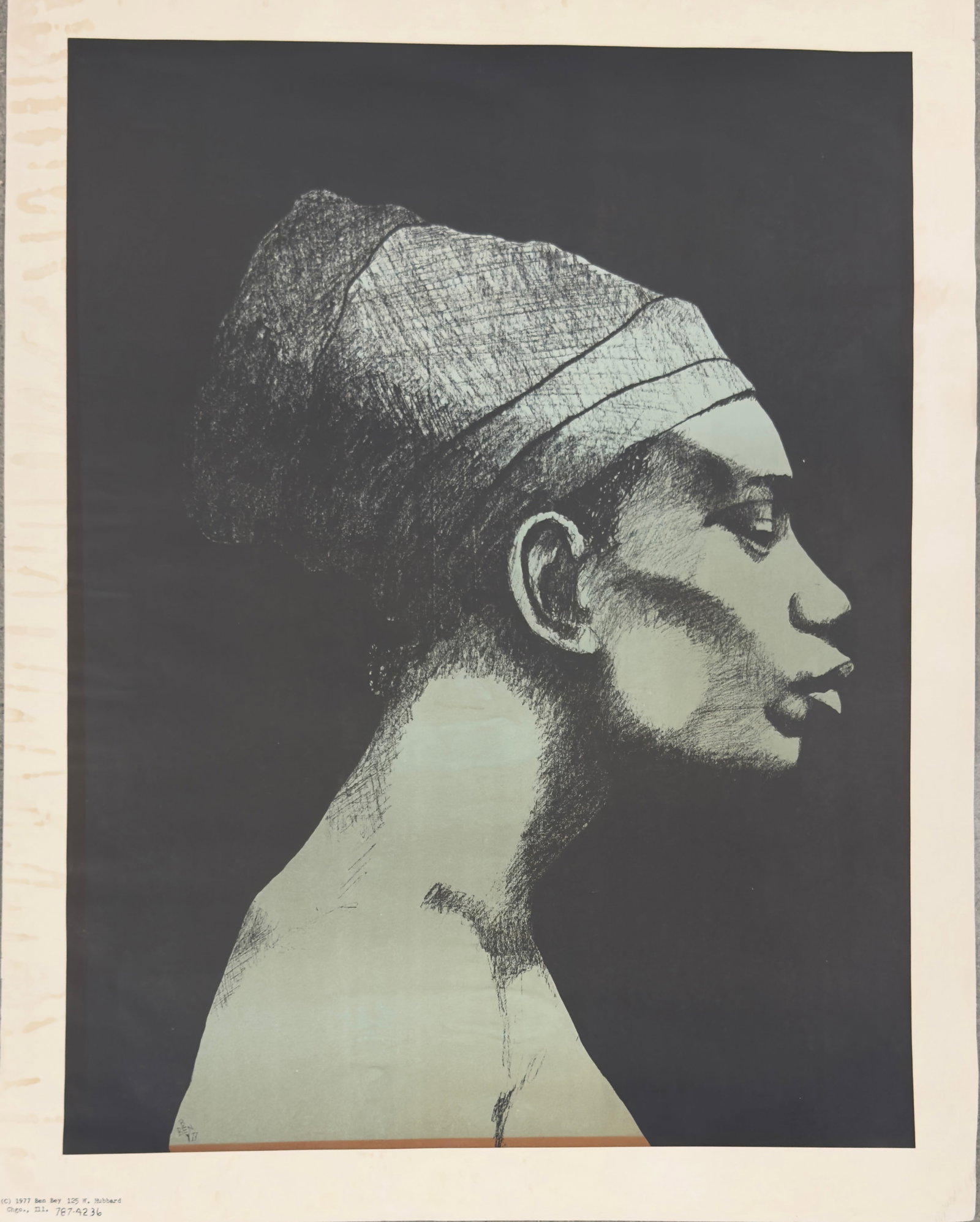 American Chicago African American Artist Ben Bey Lithograph Signed: American Chicago African American Artist Ben Bey Lithograph Signed, Profile of African American Woman Lithograph, 28” by 22” Ben Bey was a prolific artist known for his vibrant and soulful