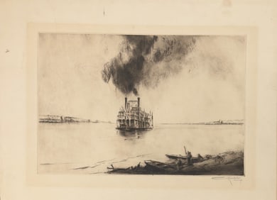 Rare American Artist Otto Kuhler Mississippi Paddle river boat signed etching