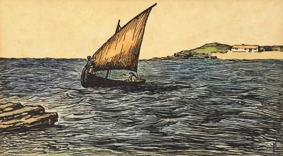 Irish Artist Jack Butlers Yeats Cuala Press Colored Woodcut: Irish Artist Jack Butlers Yeats Cuala Press Colored Woodcut, Two men in a Curragh, with cottage beyond. Handcolored Cuala press Woodcut, 5-1/2&rdquo; by 10&rdquo; Initialed LR in the plate. 11&rdquo;