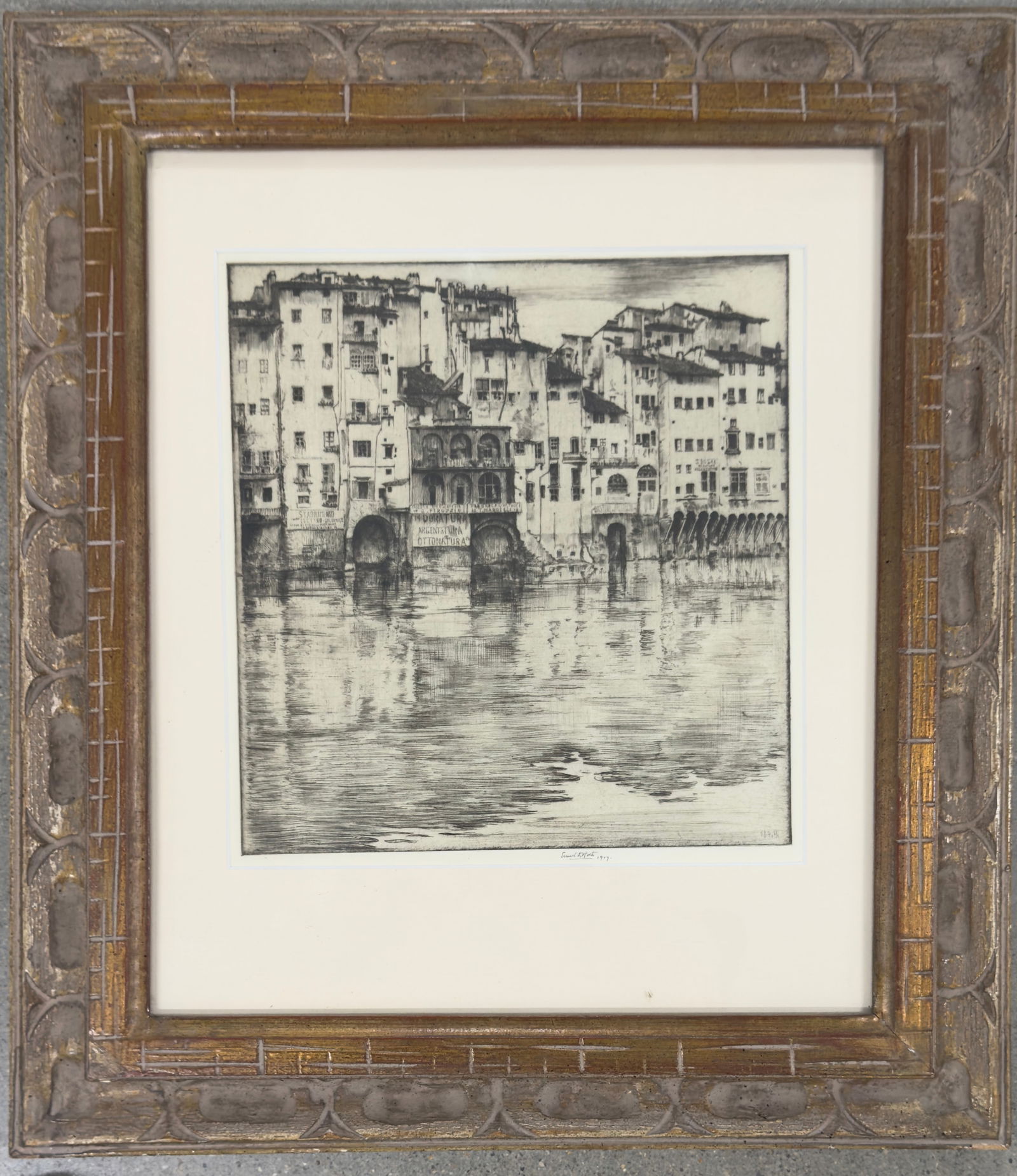 American Artist Ernest D. Roth“On the Arno, Florence?? Etching Signed (1 of 3)