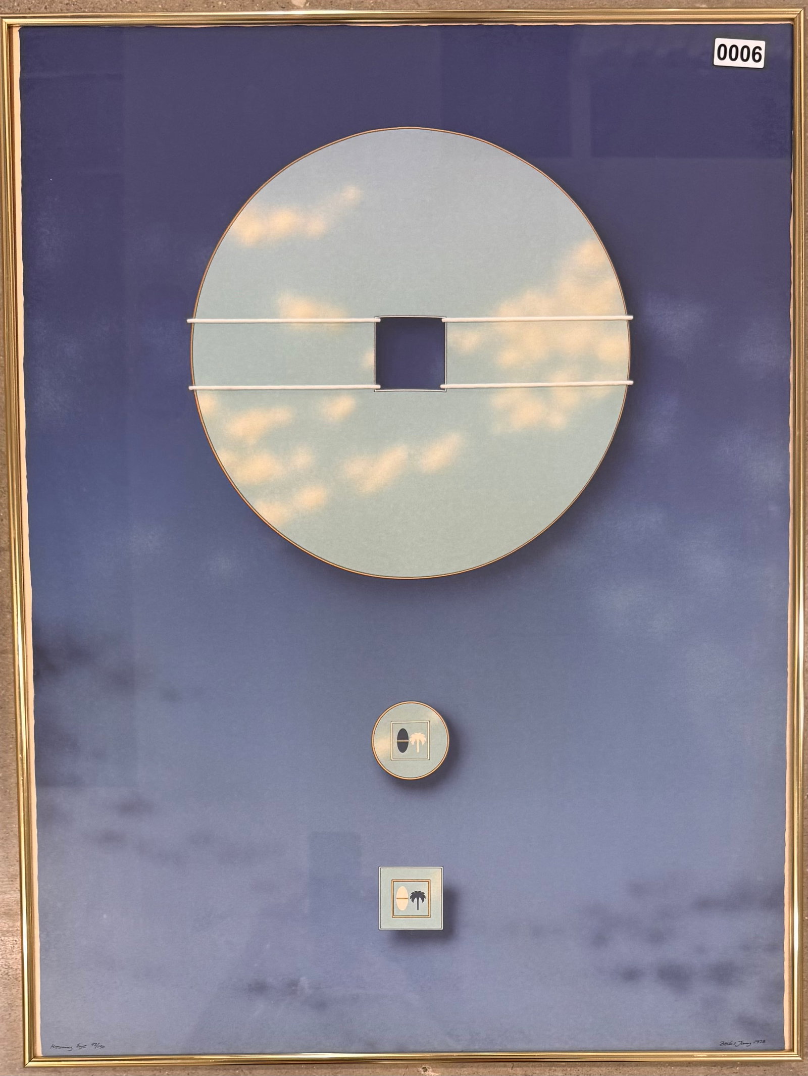 Swedish Artists Beck and Jung Lithograph and Collage Signed #2: Beck & Jung, “Morning Eye.”, Dated 1978, Edition 43 of 150. Lithography & Collage, 31-1/2” by 23-1/2”. SLR. Probably the artist Duo, Holger Backstrom (1939-1997) and Bo Ljungberg (