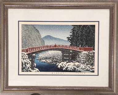 Japanese Artist Kawase Hasui Colored Woodblock Signed #2: Japanese Artist Kawase Hasui Colored Woodblock Signed #2, 1883-1957. Snow at Shinkyo bridge, Nikko. Color woodblock, 9&rdquo; by 14&rdquo; impression size. SLR. Regarded as a major Japanese landscape