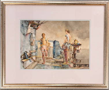 American Philadelphia Nude Surrealist Landscape John Lear Signed Watercolor: American Philadelphia Nude Surrealist Landscape John Lear Signed Watercolor, Nudes in landscape. Watercolor, 10&rdquo; by 14&rdquo; image size. 1981. SLR. Obituary from the Chestnut Hill Local newspap