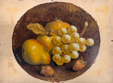 19th Century Still Life Pomegranate pear apple grapes and strawberries Oil Painting Mystery
