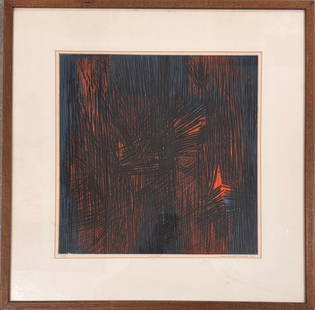 Sergio Gonzalez Tornero Modern Abstract Chile American Artist Colored Etching Signed: Sergio Gonzalez Tornero Modern Abstract Chile American Artist Colored Etching Signed, (1927-2020, Chile) Titled, “Cinco-Cinco&rdquo;. 1960. Edition 13 of 25. Colored etching, 15-1/2&rdquo; by 15-1/2