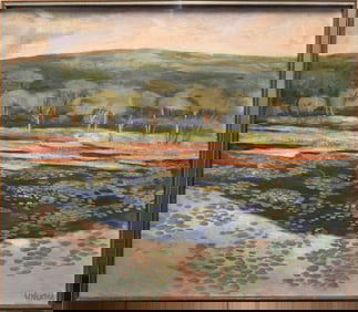 Vintage Impressionist Landscape Painting – Tranquil Pond with Water Lilies & Tree Line